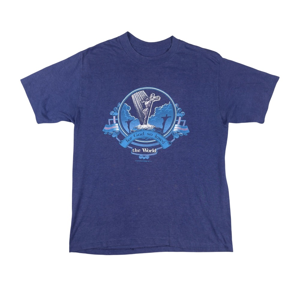 Vtg 80s Christian Jesus Graphic T Shirt Men's M Blue Single Stitch Religious Tee
